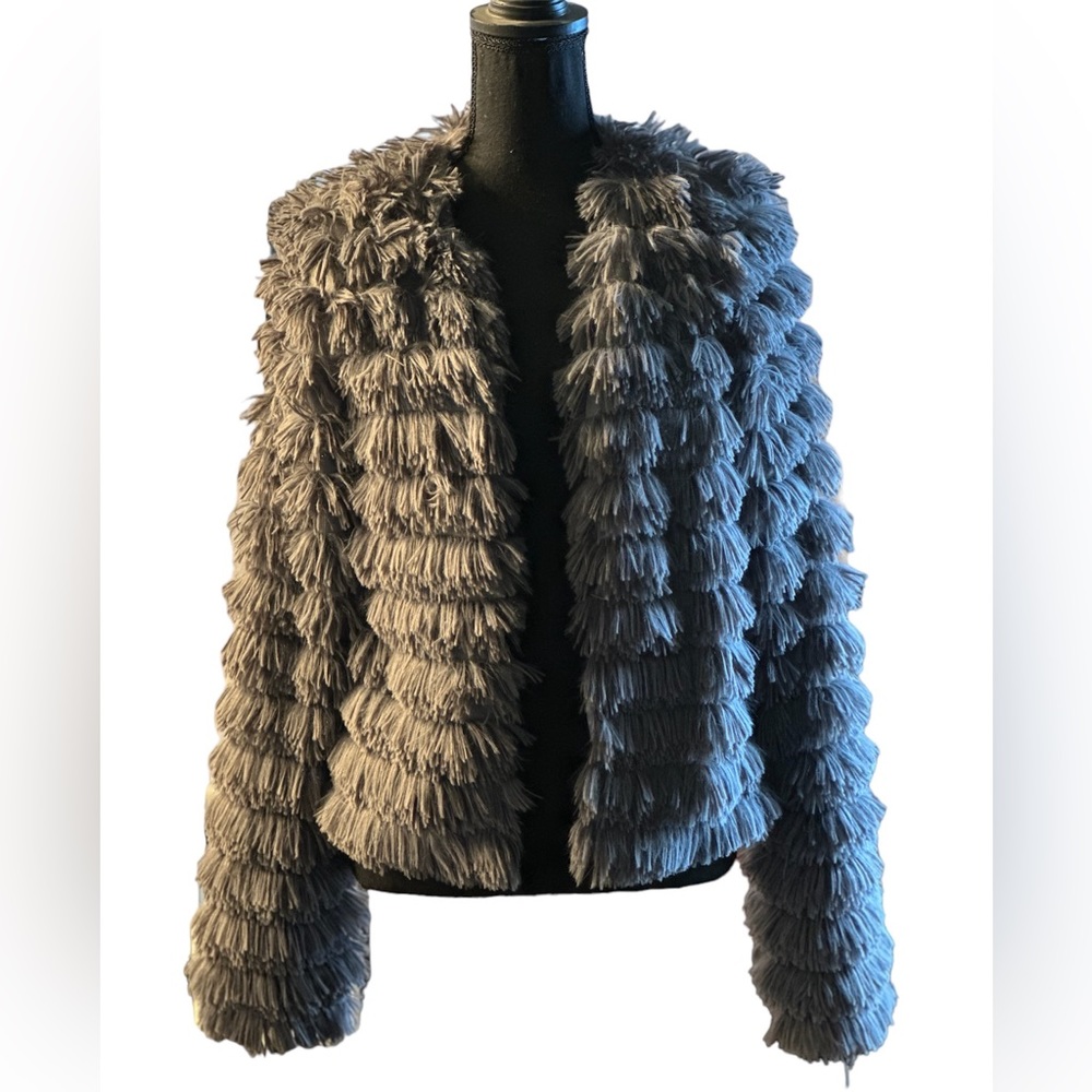 Gray shag faux fur long sleeve open over coat size M